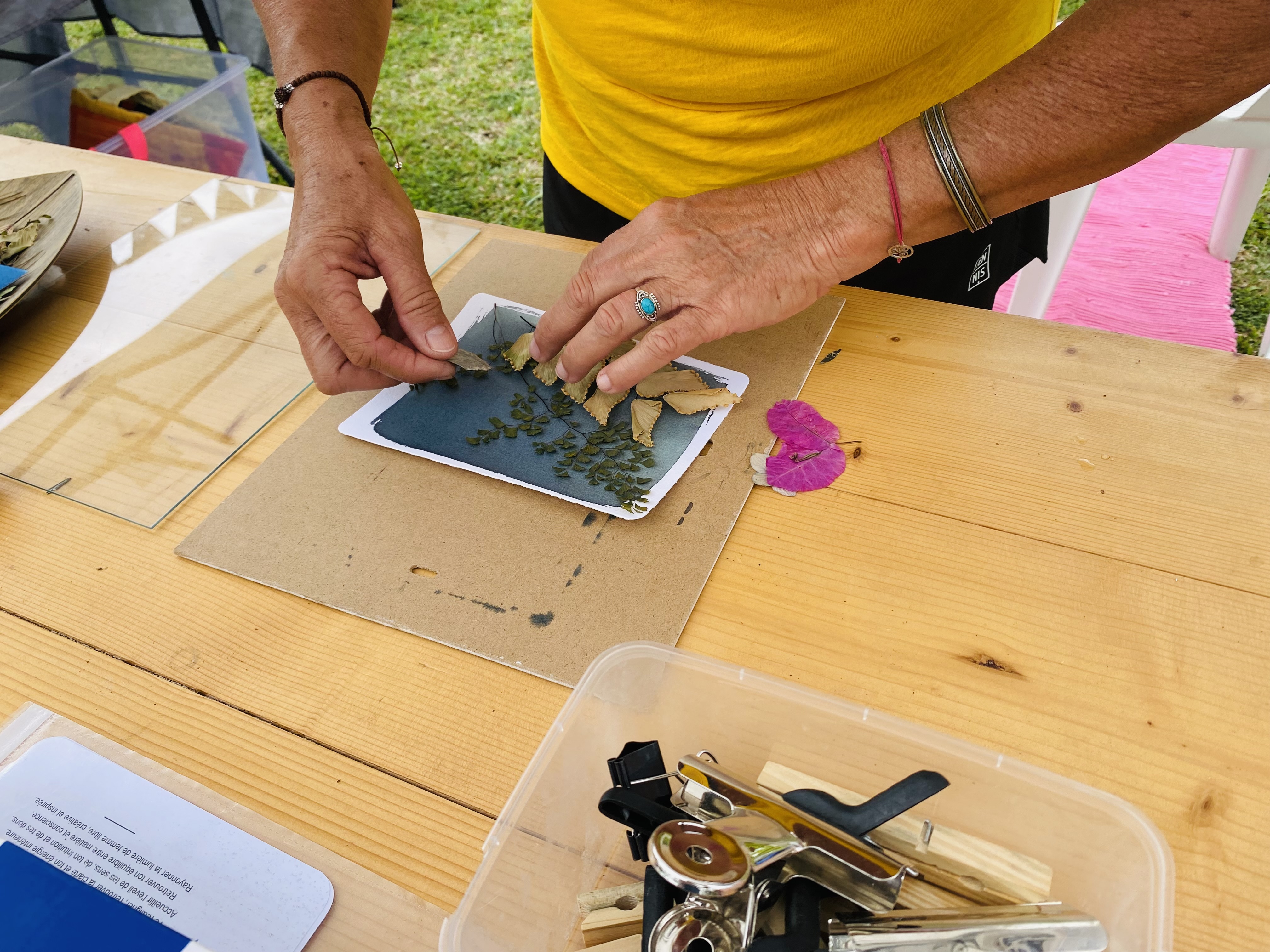 Préparation de plantes sur une table d'atelier cyanotype en extérieur